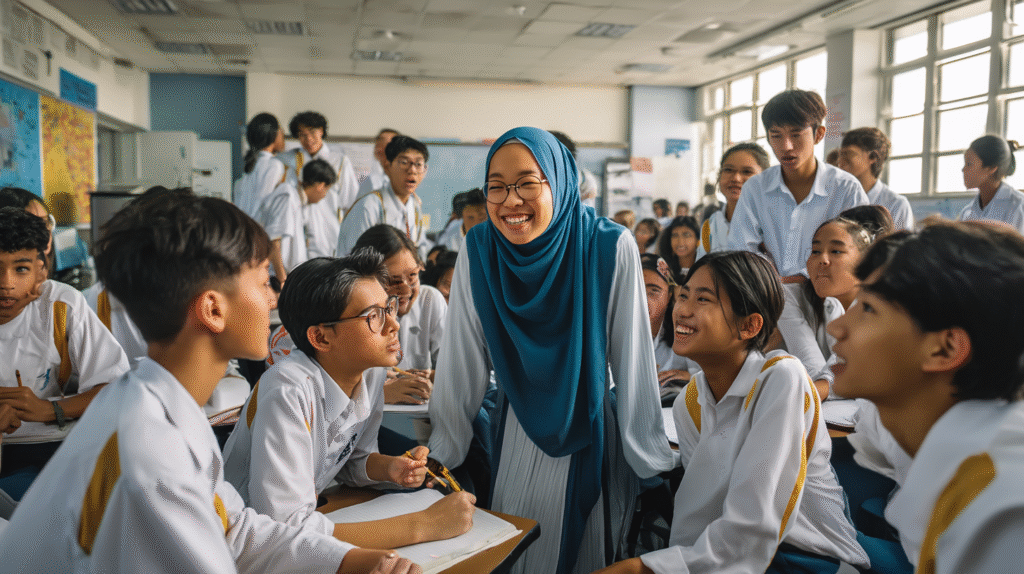 Teacher engaging with students in a phone-free Malaysian classroom using lockable phone pouches for schools