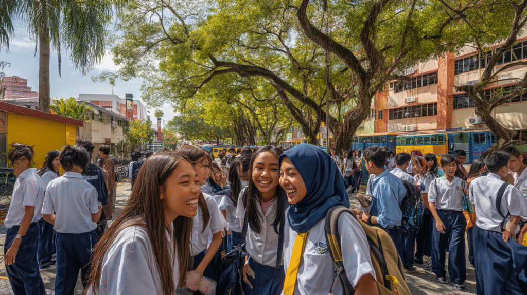 Students enjoying a distraction-free school courtyard experience — no phones, supported by lockable phone pouches for schools